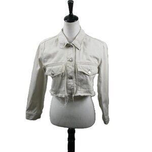 & Denim Cream Cropped Frayed Hem Denim Jacket Size XS
